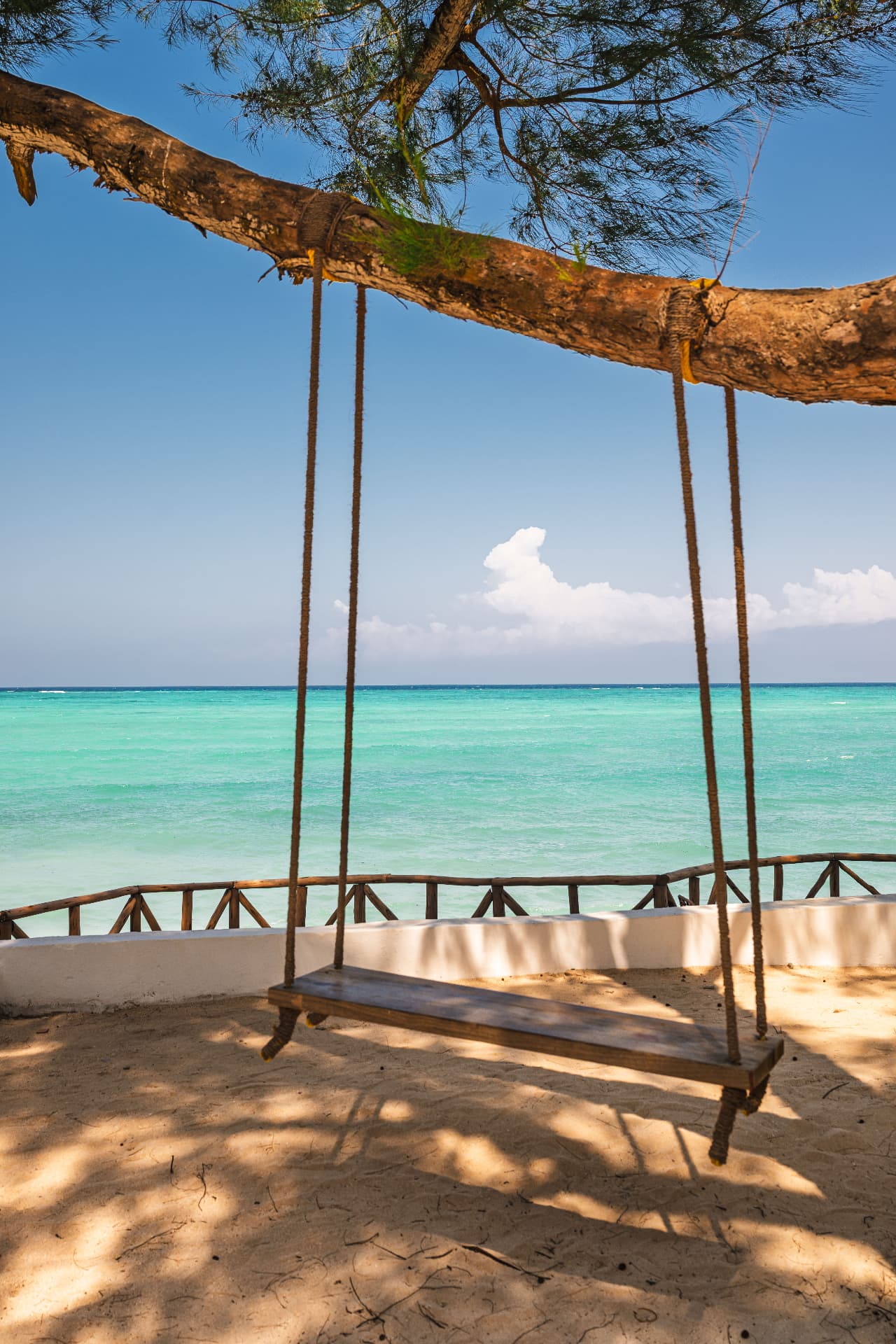 A wooden swing above the turquoise sea