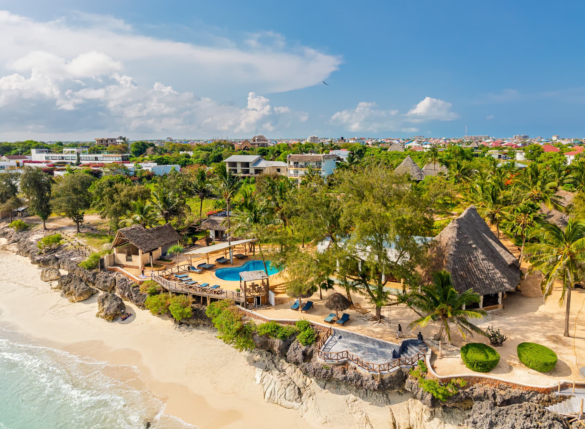 Birds-eye view of the resort, pool and beach